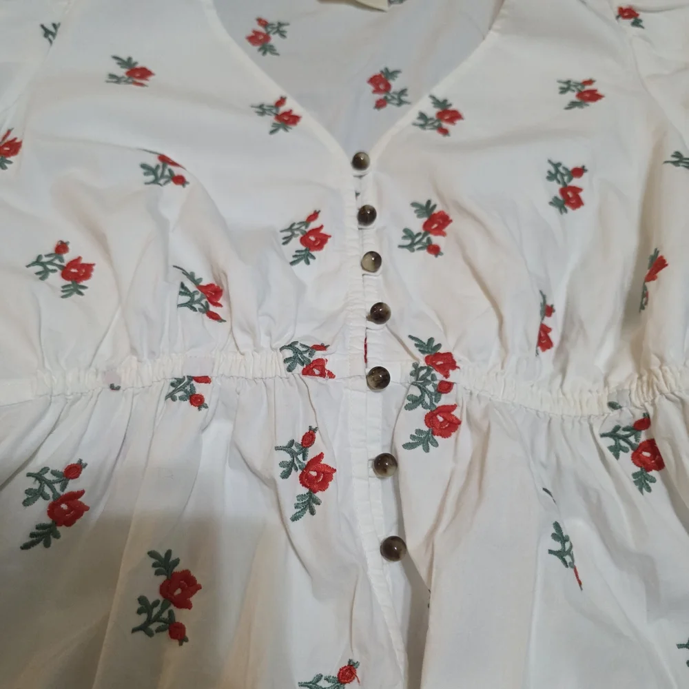 Anthropologie Maeve Embroidered White Floral Wrap Blouse with Red Rose